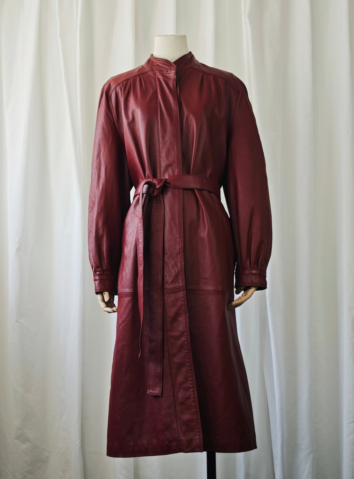 Burgundy leather trench coat