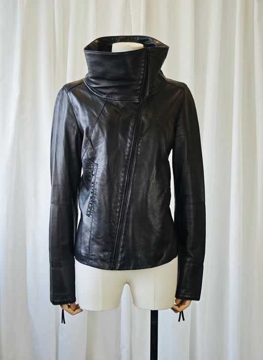 Lamb leather funnel neck jacket